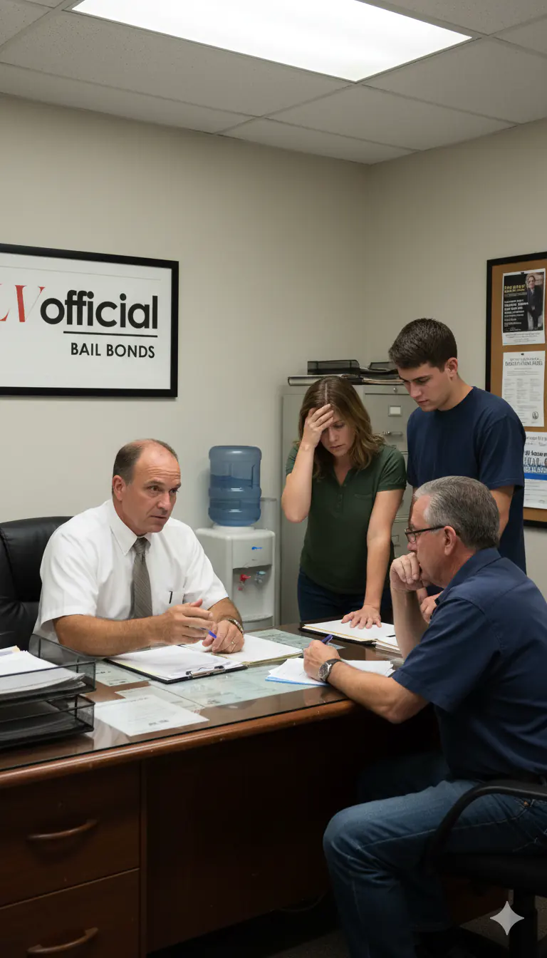 Licensed bail agent at Las Vegas Official Bail Bonds reviewing bail bond paperwork with a family, serving Las Vegas, NV 89108