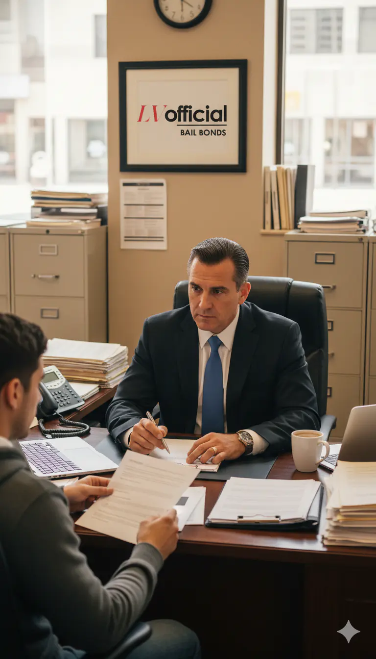 Licensed Las Vegas Official Bail Bonds agent reviewing bail bond documents with a client, serving Las Vegas, NV 89121