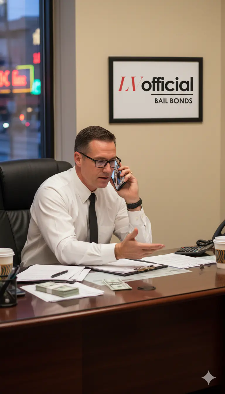 Licensed Las Vegas Official Bail Bonds agent taking a 24-hour bail bond call at the office, serving Las Vegas, NV 89147