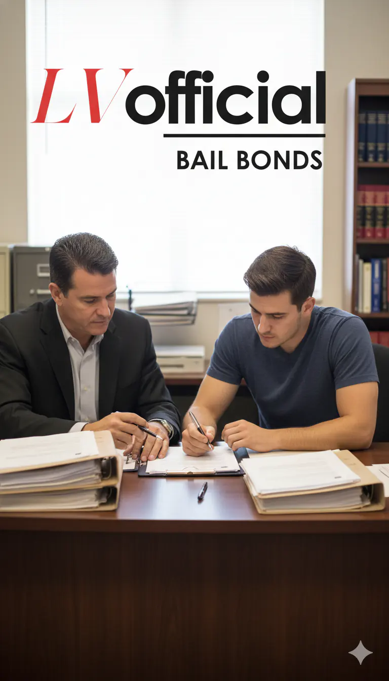 Licensed bail agent and client signing bail bond paperwork at Las Vegas Official Bail Bonds, serving Las Vegas, NV 89123