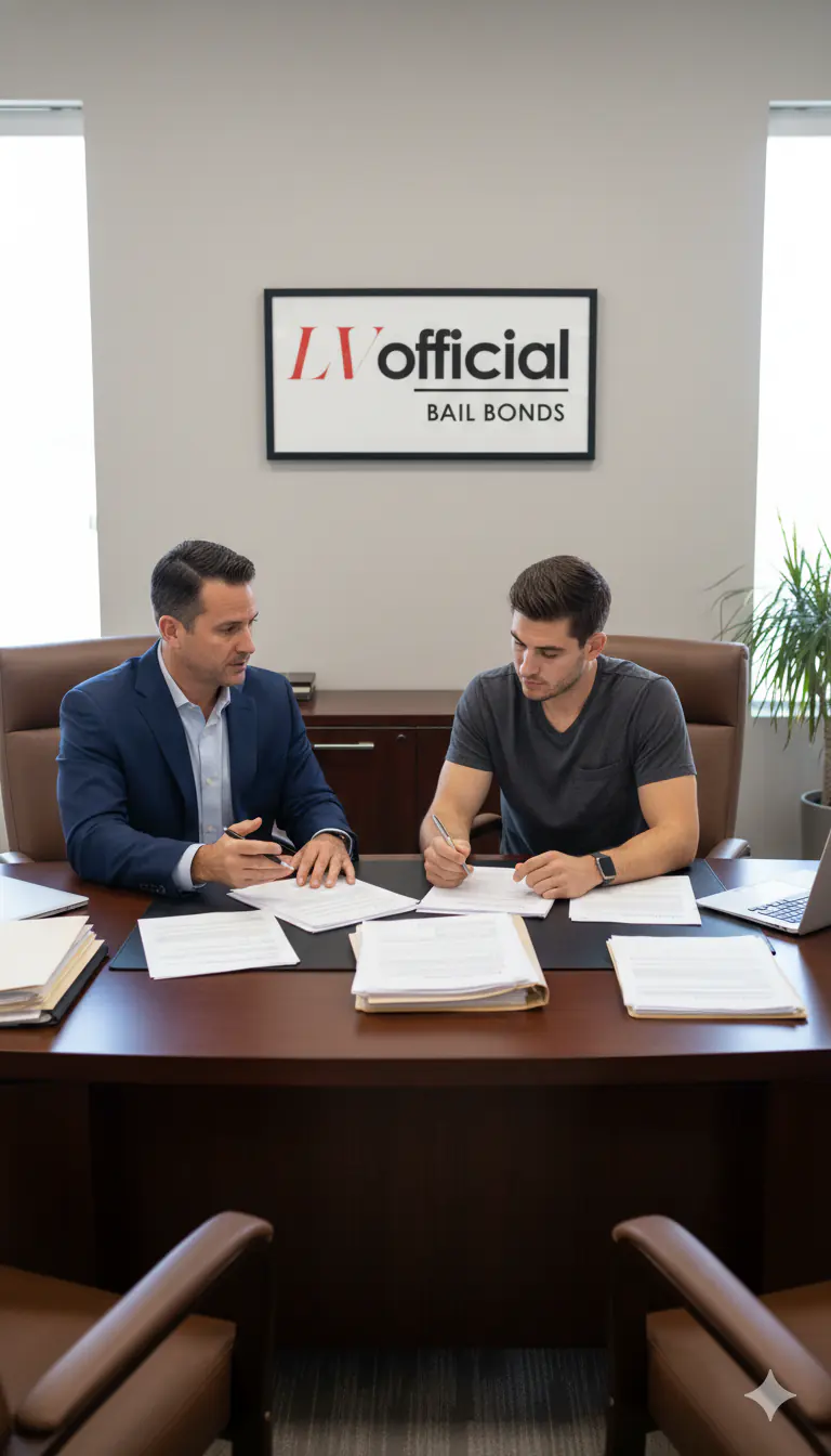 Licensed bail agent and client completing bail bond paperwork at Las Vegas Official Bail Bonds, serving Las Vegas, NV 89148