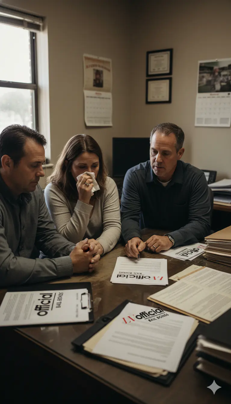 Family reviewing bail bond paperwork with a licensed agent at Las Vegas Official Bail Bonds, serving North Las Vegas, NV 89030