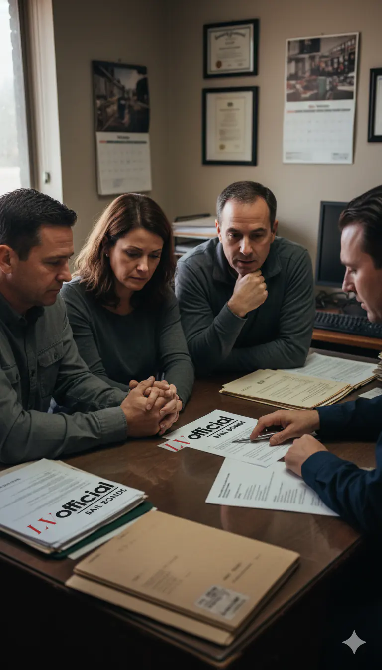 Licensed bail agent going through bail bond documents with a family at Las Vegas Official Bail Bonds, serving North Las Vegas, NV 89031