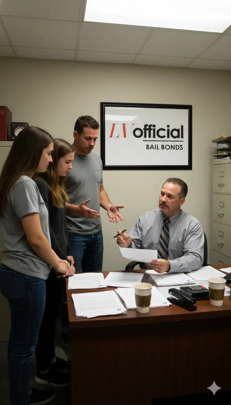 Family meeting a licensed Las Vegas Official Bail Bonds agent to arrange a bail bond, serving Spring Valley, NV