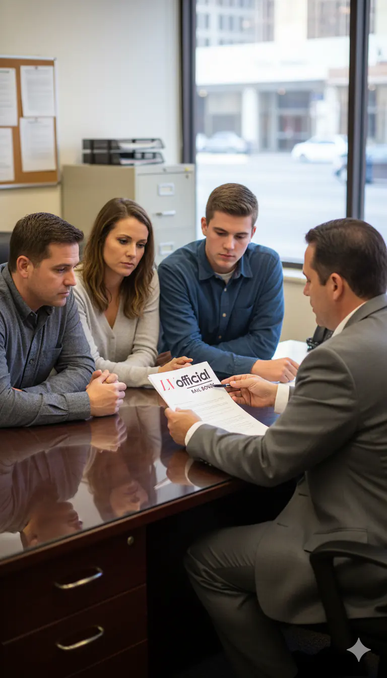 Licensed bail agent explaining the bail bond agreement to a family at Las Vegas Official Bail Bonds, serving Whitney, NV