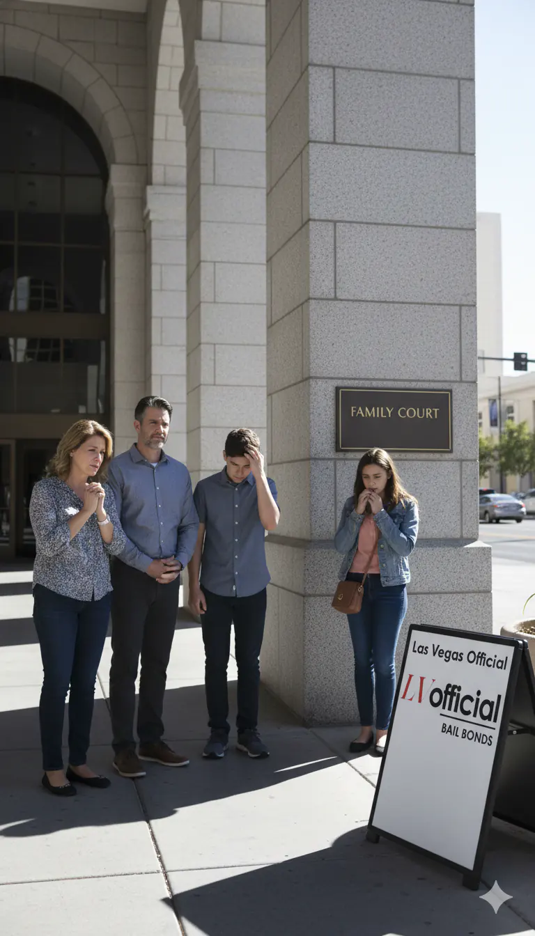 Family outside the Clark County courthouse beside a Las Vegas Official Bail Bonds sign, serving Sunrise Manor, NV