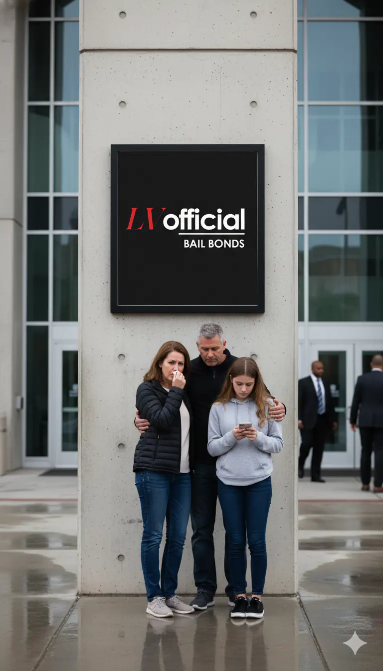 Family waiting outside the detention center beneath a Las Vegas Official Bail Bonds sign, serving Las Vegas, NV 89110